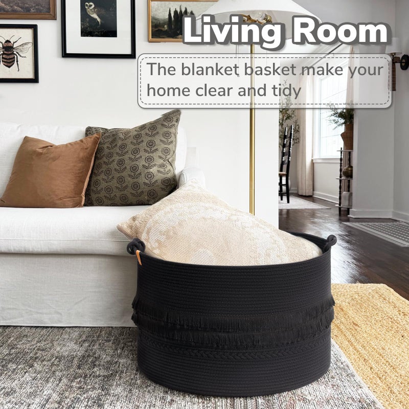 CherryNow 22"x22"x14" Large Blanket Basket, Home DÃ©cor for Living Room Bedroom, Boho Decorative Laundry Basket for Clothes, Baby Toy Storage, Black - Image 2