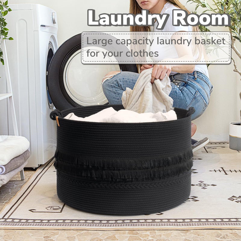 CherryNow 22"x22"x14" Large Blanket Basket, Home DÃ©cor for Living Room Bedroom, Boho Decorative Laundry Basket for Clothes, Baby Toy Storage, Black - Image 5