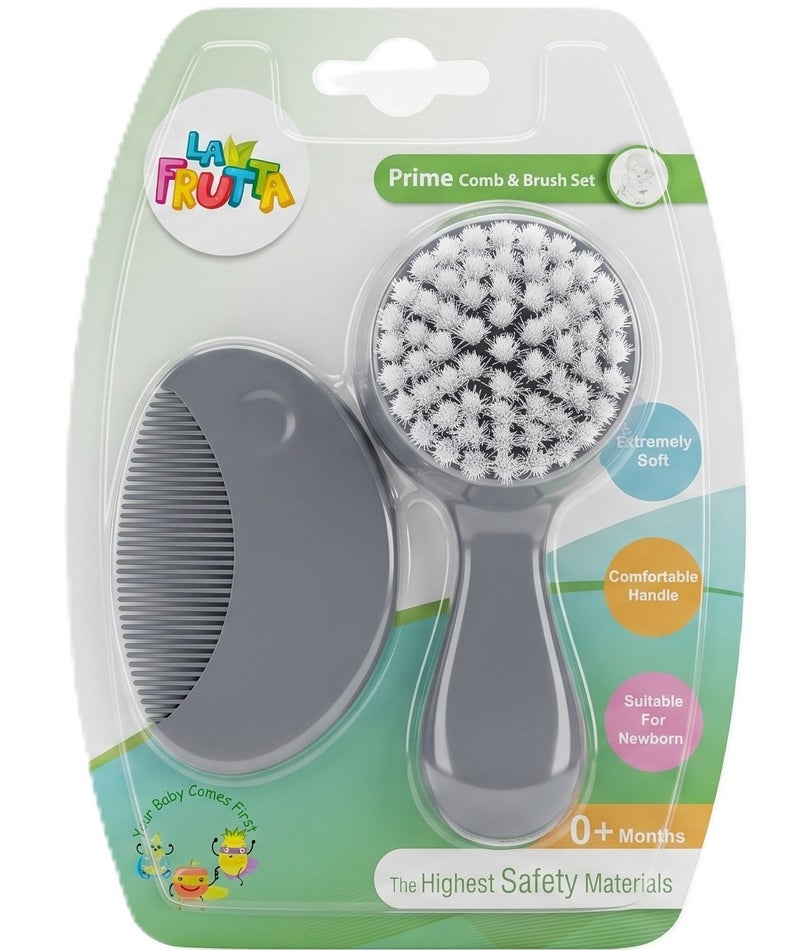 La Frutta Extra Soft Prime Comb & Brush Set, Suitable For Newborn – Grey - Image 1