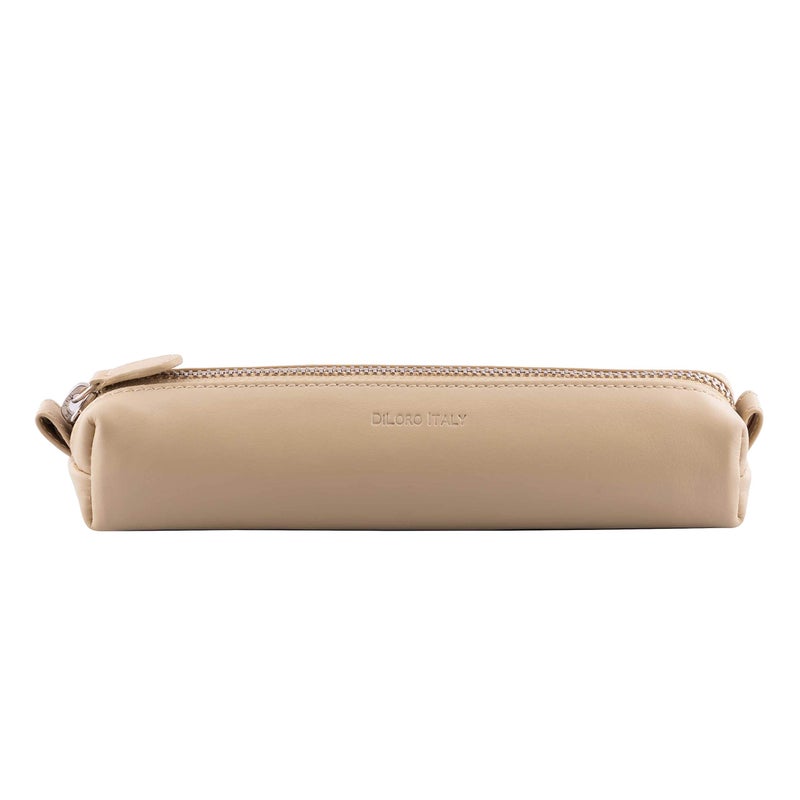 DiLoro DiLoro Leather Zippered Fountain Ballpoint Rollerball Pens and Pencils Case Holder Pouch Genuine Full Grain Soft Nappa Leather Beige 