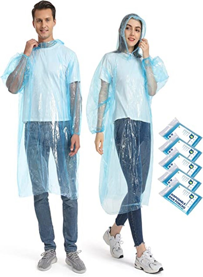 Excefore Disposable Rain Ponchos for Adult 5Pcs Clear Rain Coat Jacket with Drawstring Hood and Elastic Sleeve for Women Men for Travel Outdoor Amusement Park Hiking Emergency Disposable Poncho (Blue) - Image 1