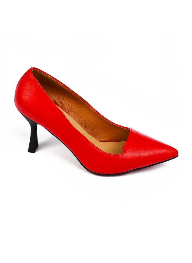 Mr.joe Genuine Leather Pointed Slip On Mid Heel Pumps Red  - Image 1