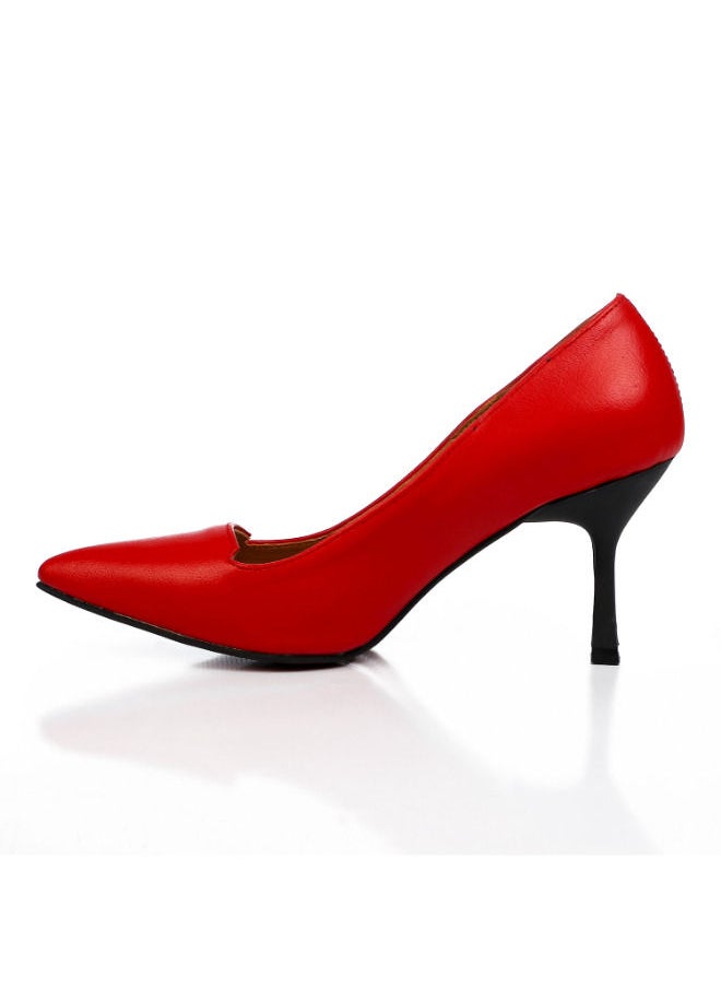 Mr.joe Genuine Leather Pointed Slip On Mid Heel Pumps Red  - Image 4