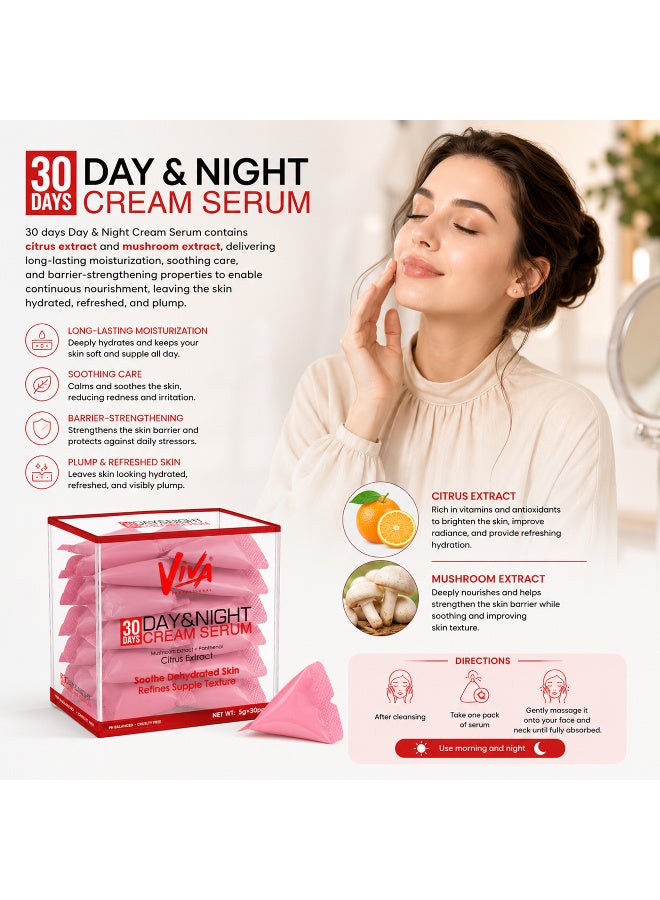 VIVA Professional 30 Days Day & Night Cream Serum | Citrus Extract, Mushroom Extract & Panthenol | Hydrating Face Serum Sachets | AM & PM Formula | 5 g x 30 | Single-Use Packs - Image 3