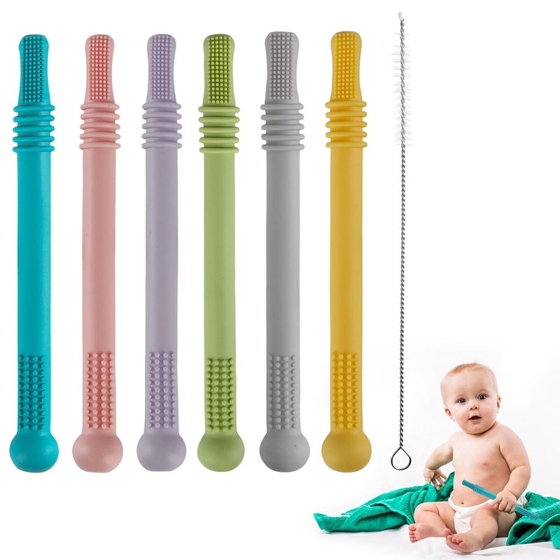 Fu Store Hollow Teether Tube Chew Straw Sensory Toy for Infant Toddlers Silicone Tubes Teething Toys for Babies 3-12 Months 0-36 Months Gifts Learning Developmental Toys BPA Free Freezable 6 Pack - Image 1