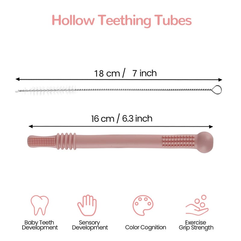 Fu Store Hollow Teether Tube Chew Straw Sensory Toy for Infant Toddlers Silicone Tubes Teething Toys for Babies 3-12 Months 0-36 Months Gifts Learning Developmental Toys BPA Free Freezable 6 Pack - Image 5