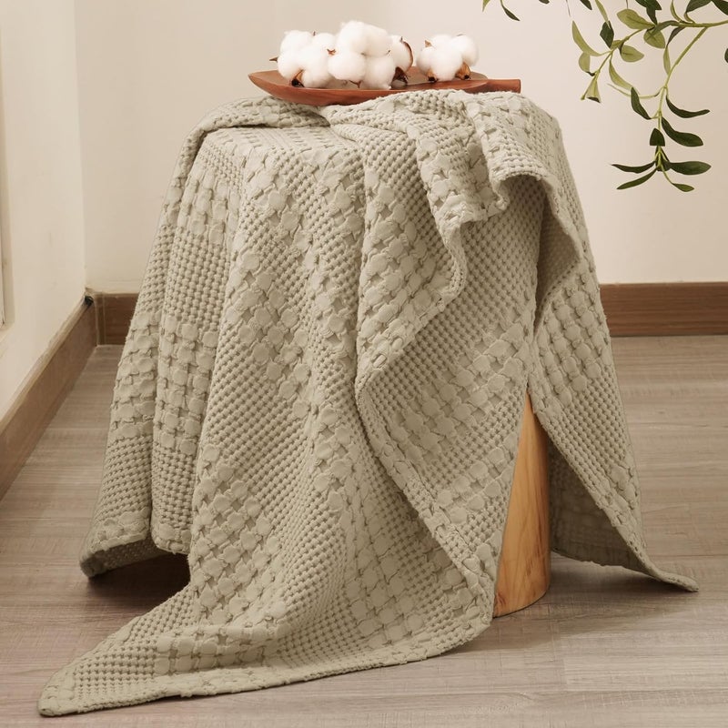 PHF 100% Cotton Waffle Weave Throw Blanket (127 cm x 152 cm), Soft Lightweight Breathable Cozy Summer Throws for Couch Bed Sofa, Luxury Aesthetic Woven Blanket for Home Decor & Office, Khaki - Image 4