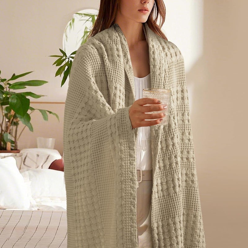 PHF 100% Cotton Waffle Weave Throw Blanket (127 cm x 152 cm), Soft Lightweight Breathable Cozy Summer Throws for Couch Bed Sofa, Luxury Aesthetic Woven Blanket for Home Decor & Office, Khaki - Image 2
