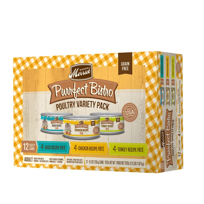 Merrick Purrfect Bistro Grain Free Premium Canned Pate Adult Wet Cat Food, Variety Pack, Chicken, Duck, Turkey - (Pack of 12) 5.5 oz. Cans - Image 1
