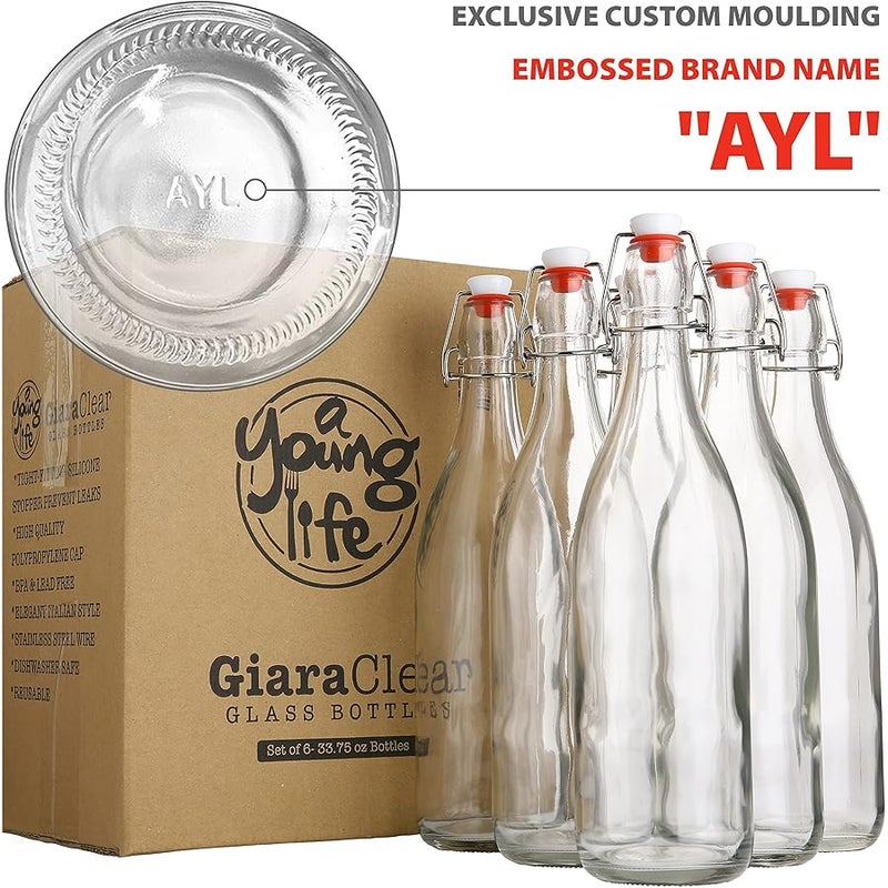 AYL Flip Top Glass Bottle 【1 Liter / 33 fl. oz.】 【Pack of 6】 – Swing Brewing with Stopper for Beverages, Oil, Vinegar, Kombucha, Beer, Water, Soda, Kefir Airtight Lid & Leak Proof Cap Clear - Image 5