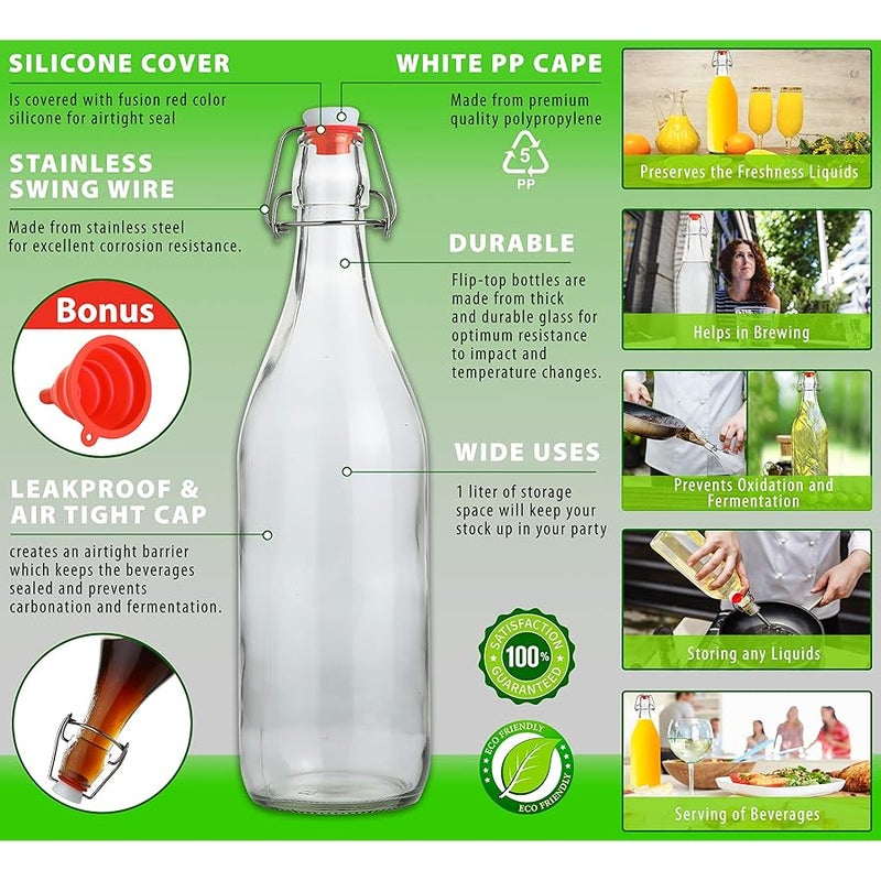 AYL Flip Top Glass Bottle 【1 Liter / 33 fl. oz.】 【Pack of 6】 – Swing Brewing with Stopper for Beverages, Oil, Vinegar, Kombucha, Beer, Water, Soda, Kefir Airtight Lid & Leak Proof Cap Clear - Image 4