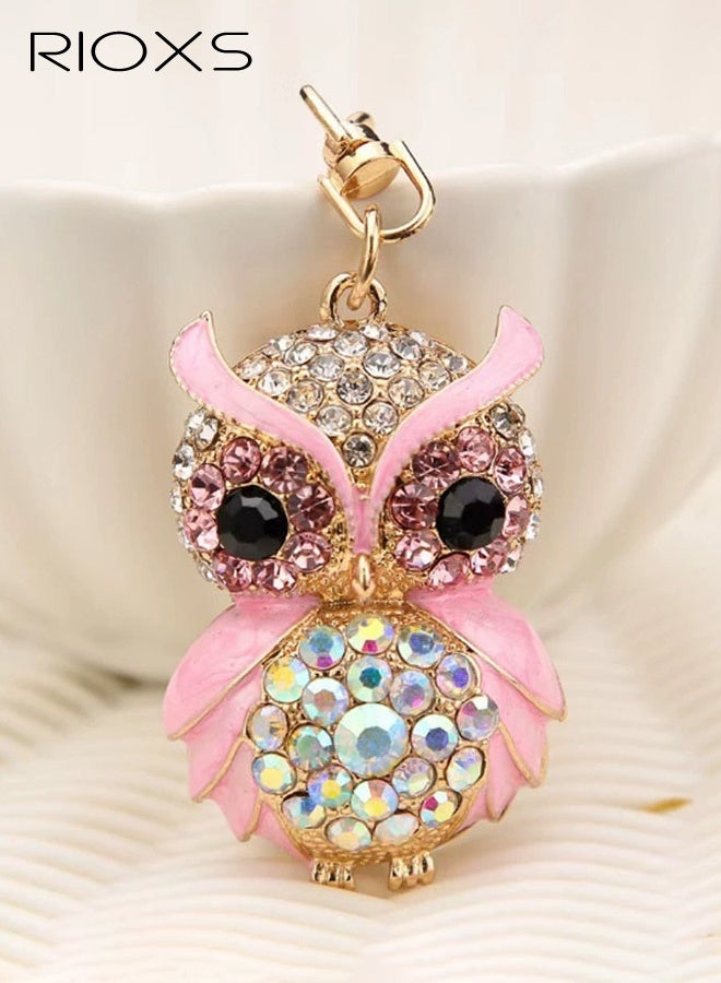 RIOXS Rhinestone Owl Keychain, Adorable Crystal Bird Key Ring, Pendant Owl Key Holder Chain Keychain, Handbag Purse Pendants Charm Gifts for Women Girls, Pink