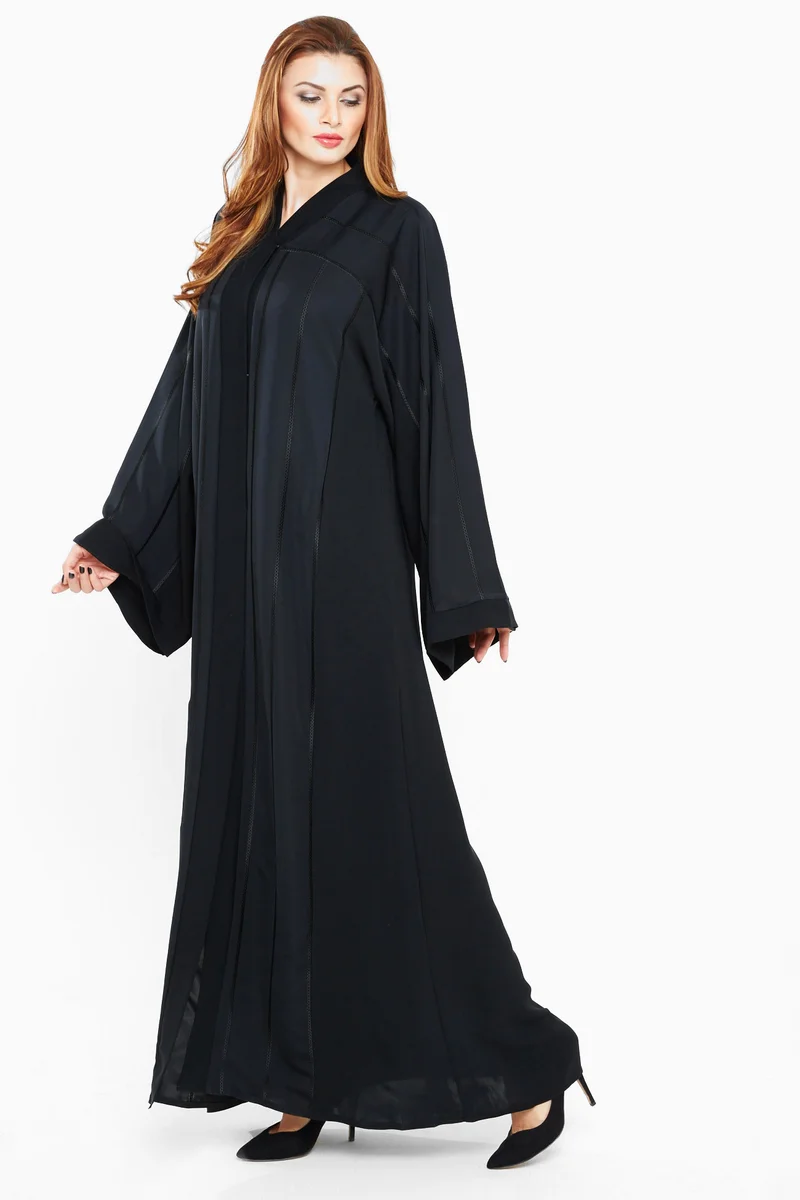 NUKHBAA A casual plain black abaya with fine stripe details-AJ428A