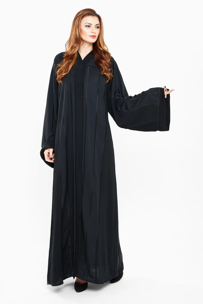 النخبة A casual plain black abaya with fine stripe details-AJ428A