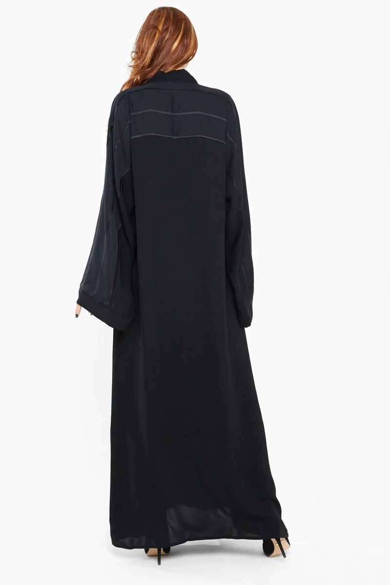 النخبة A casual plain black abaya with fine stripe details-AJ428A