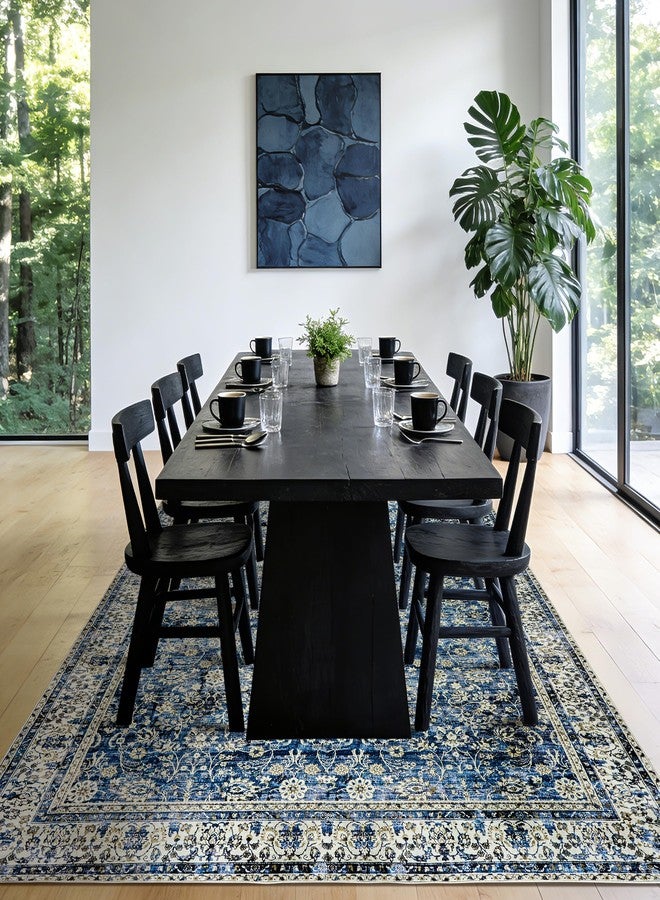 BILEEHOME Distressed Carpet Multi Rug Blue Vintage Design Flower Area Rug 5x7 Cover Print Distressed Carpet Multi Rug Living Room Bedroom Dining Room - Image 5