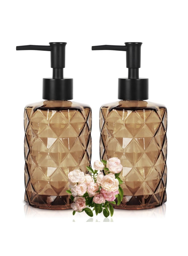 Dark Brown Glass Soap Dispenser with Pump, 12 oz Diamond Design Hand Soap Dispenser, Refillable Lotion Dispenser and Tableware Dispenser, Bathroom Dispenser for Dishwashing Liquid, Body Wash 2PCS - Image 1