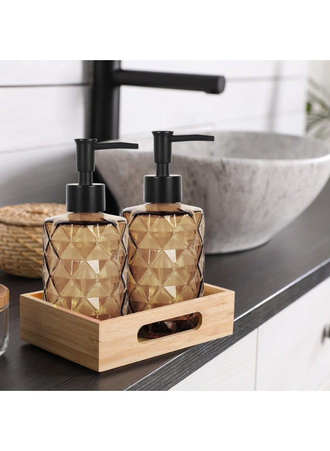 Dark Brown Glass Soap Dispenser with Pump, 12 oz Diamond Design Hand Soap Dispenser, Refillable Lotion Dispenser and Tableware Dispenser, Bathroom Dispenser for Dishwashing Liquid, Body Wash 2PCS - Image 3