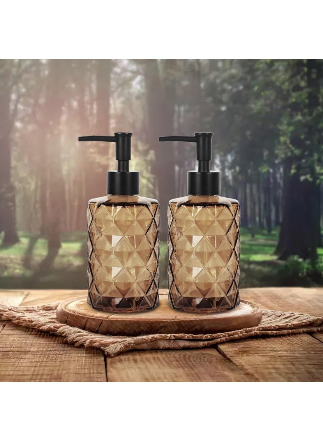 Dark Brown Glass Soap Dispenser with Pump, 12 oz Diamond Design Hand Soap Dispenser, Refillable Lotion Dispenser and Tableware Dispenser, Bathroom Dispenser for Dishwashing Liquid, Body Wash 2PCS - Image 4