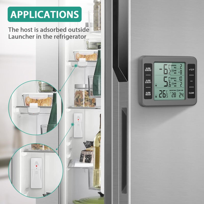 ORIA ORIA Refrigerator Thermometer, (New Version) Wireless Digital Freezer Thermometer, Fridge Thermometer, Wireless Indoor Outdoor Thermometer for Freezer, Refrigerator, Cooler, Grey, 2 Sensors  - Image 2
