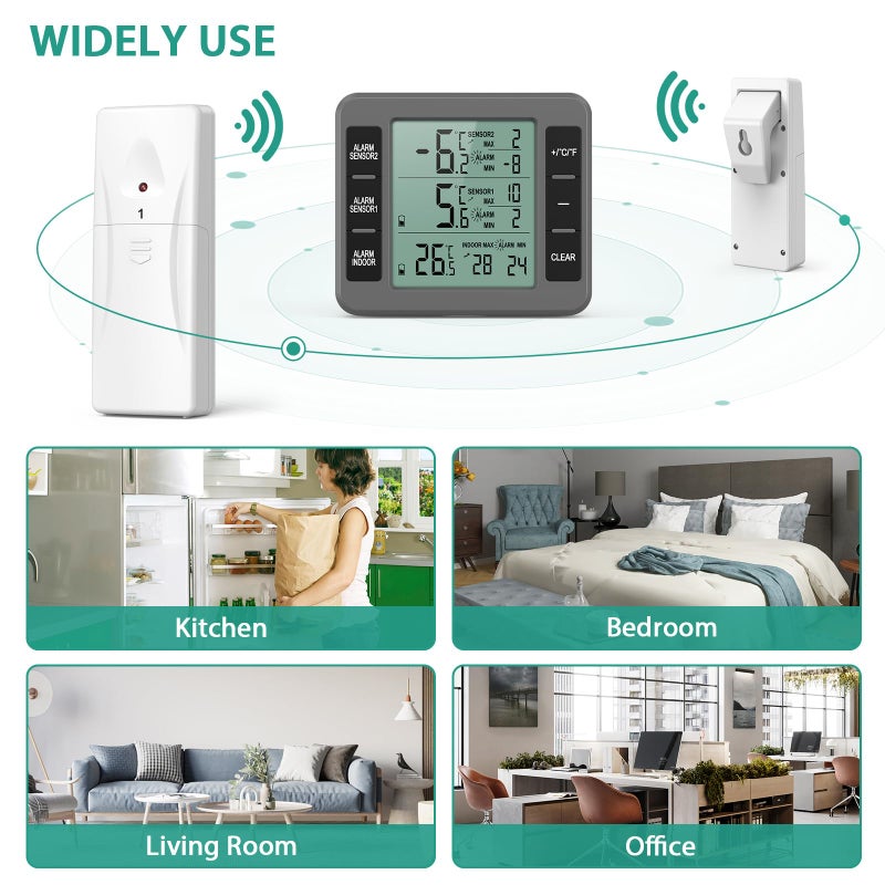 ORIA ORIA Refrigerator Thermometer, (New Version) Wireless Digital Freezer Thermometer, Fridge Thermometer, Wireless Indoor Outdoor Thermometer for Freezer, Refrigerator, Cooler, Grey, 2 Sensors  - Image 4