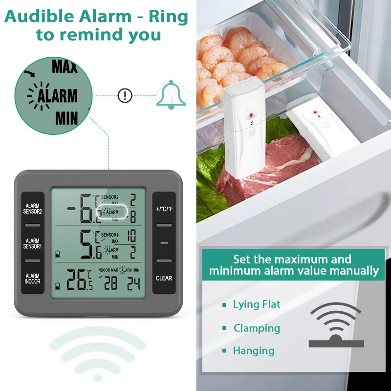 ORIA ORIA Refrigerator Thermometer, (New Version) Wireless Digital Freezer Thermometer, Fridge Thermometer, Wireless Indoor Outdoor Thermometer for Freezer, Refrigerator, Cooler, Grey, 2 Sensors  - Image 3