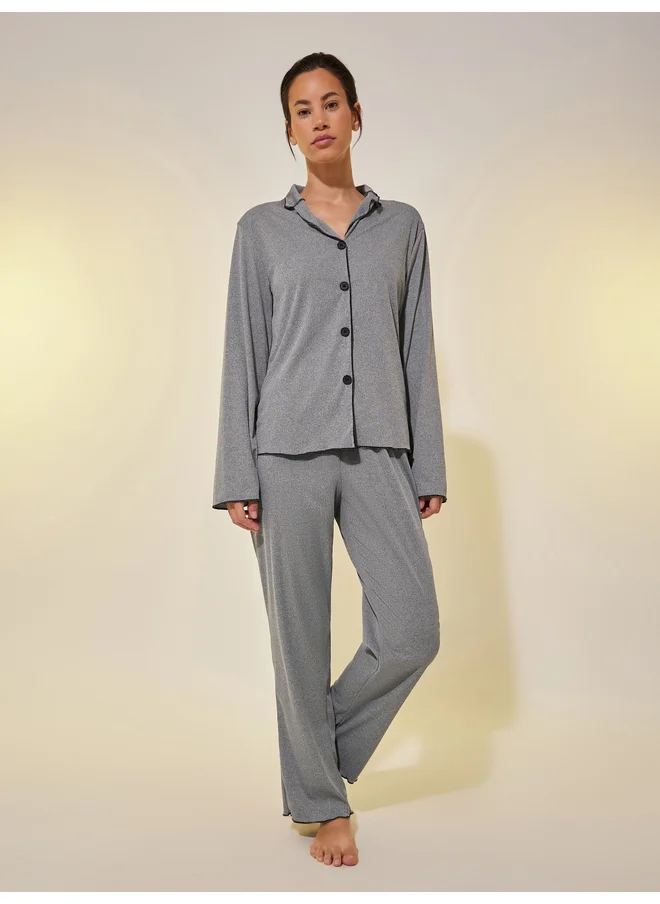 تايك تو Take Two Ribbed Contrast Edge Long Sleeve Shirt and Pyjama Set