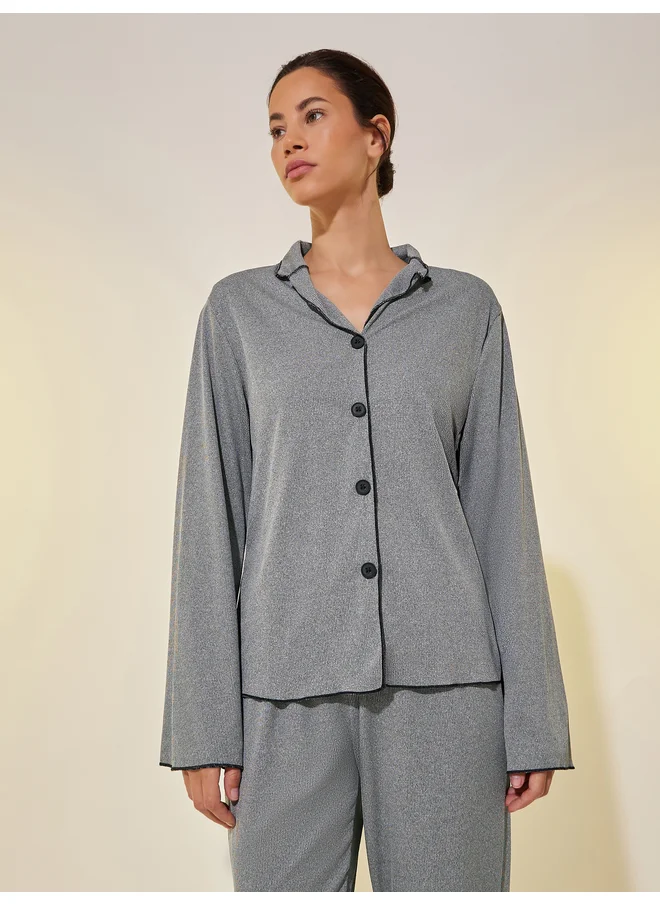 تايك تو Take Two Ribbed Contrast Edge Long Sleeve Shirt and Pyjama Set
