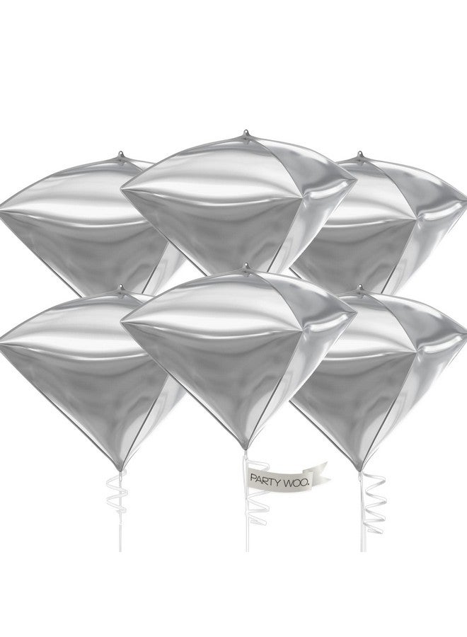 PartyWoo Silver Balloons, 6 pcs Diamond Silver Foil Balloons, 22 inch Giant 4D Foil Balloons and Ribbon, Balloons for Birthday Decorations, Wedding Decorations, Party Decorations (Balloon) - Image 1