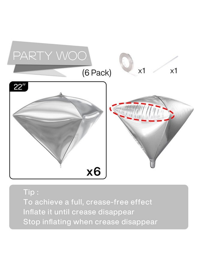 PartyWoo Silver Balloons, 6 pcs Diamond Silver Foil Balloons, 22 inch Giant 4D Foil Balloons and Ribbon, Balloons for Birthday Decorations, Wedding Decorations, Party Decorations (Balloon) - Image 4
