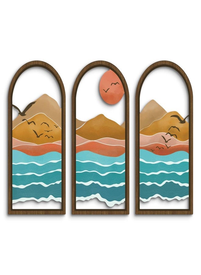 Putuo Decor Minimalist Modern Wall Art Set of 3, Abstract Nature Inspired Sun Mountain Sea Wall Decor, Wood Framed Mountain Landscape Wall Art for Living Room Bedroom Office, 16 x 8 in - Image 1