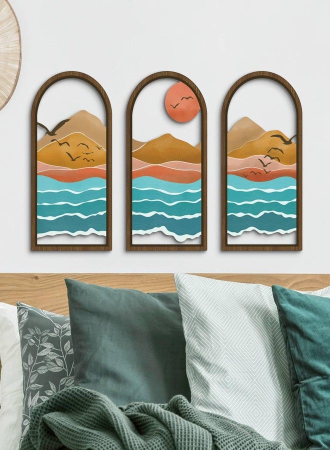 Putuo Decor Minimalist Modern Wall Art Set of 3, Abstract Nature Inspired Sun Mountain Sea Wall Decor, Wood Framed Mountain Landscape Wall Art for Living Room Bedroom Office, 16 x 8 in - Image 4