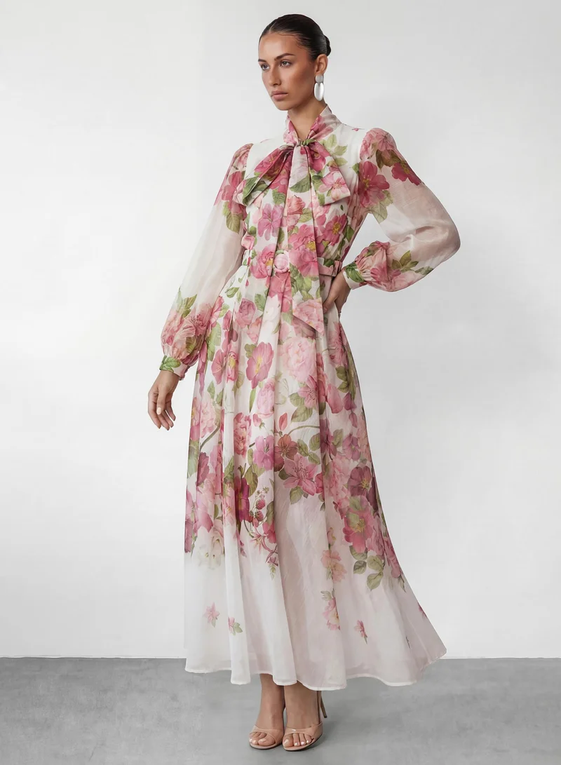 سنفير Sweet Blossom Pink Floral Print Bow Neck Maxi Dress