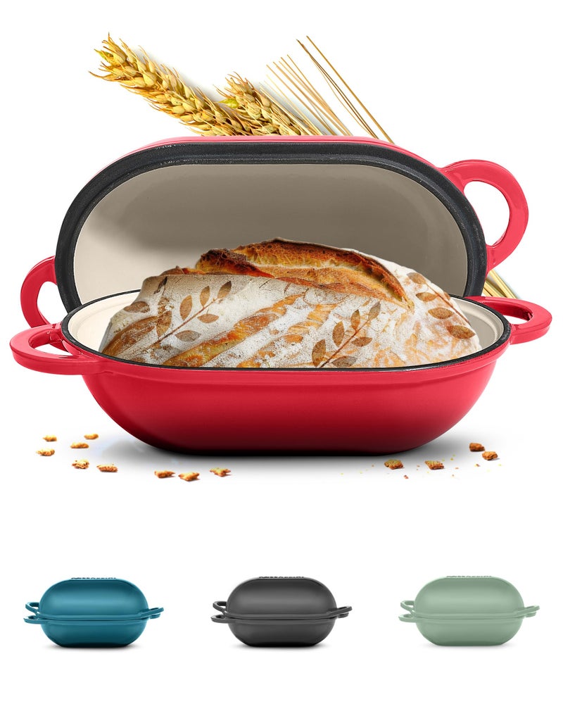 ROSSALLINI Signature Enameled Cast Iron Sourdough Bread Oven | Non-Stick with Tight Fitting Lid for Perfect Baking and Bread Making | 2QT Oval Oven With Lid [Red] - Image 1