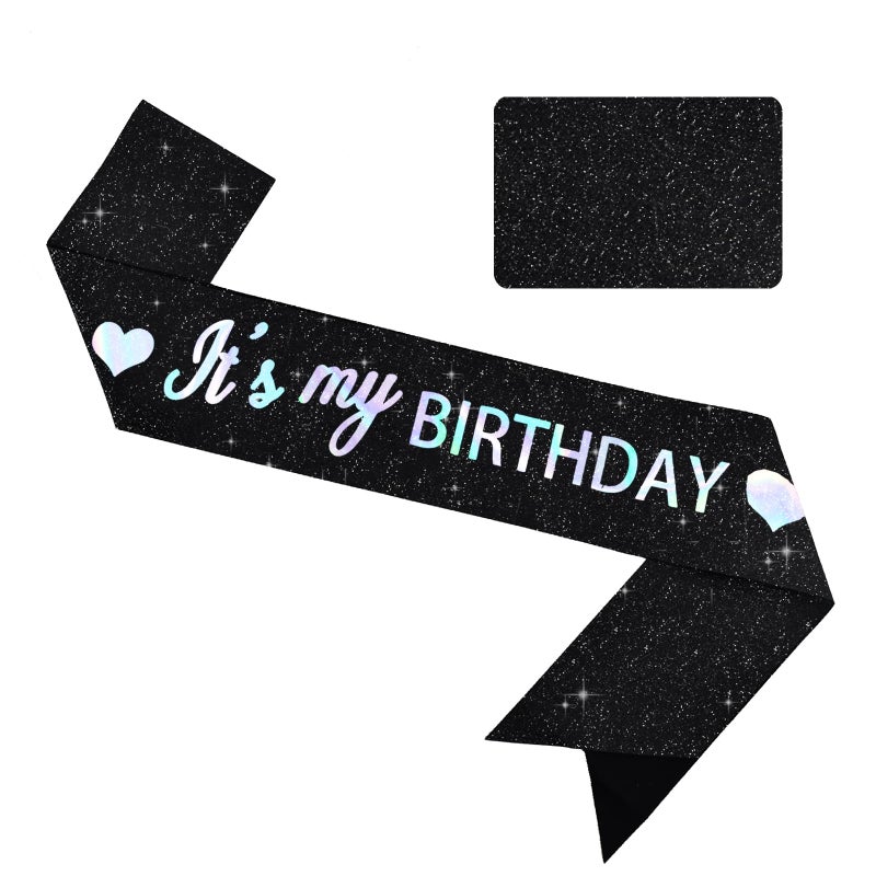 Vuzvuv It's My Birthday Birthday Sash, Glitter Sash for Women, Girls,Men, Foil Letters for Party,Decor- Iridescent Black - Image 1