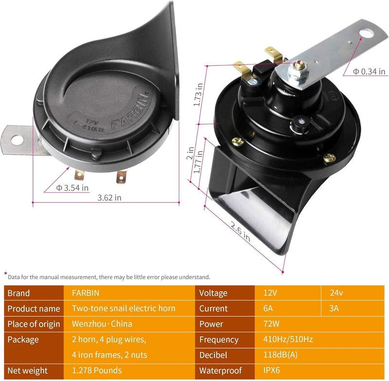 FARBIN Waterproof Air Horn 12V Car Horn Loud Dual-Tone Electric Snail Horn Kit with Relay Harness for Truck Train Motorcycle (Black horn with harness) - Image 2
