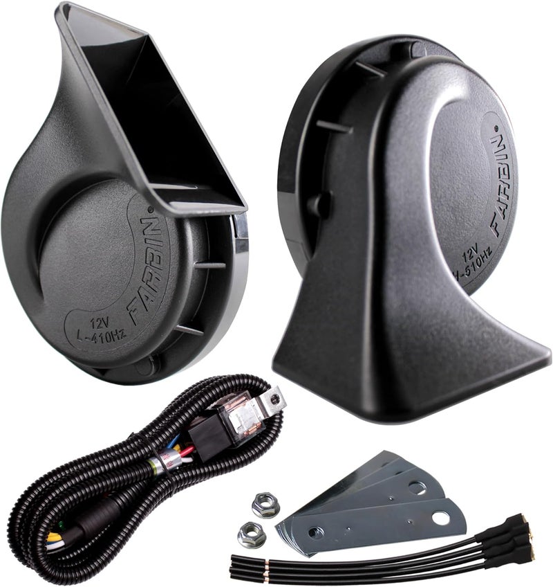 FARBIN Waterproof Air Horn 12V Car Horn Loud Dual-Tone Electric Snail Horn Kit with Relay Harness for Truck Train Motorcycle (Black horn with harness) - Image 1