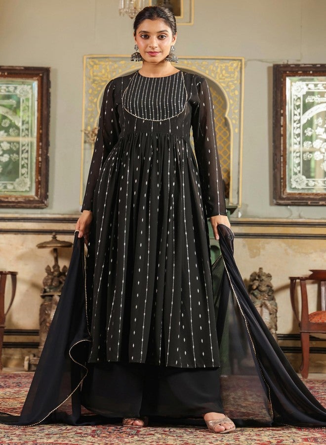 Janasya Women's Black Georgette Foil Printed Anarkali Kurta Set (JAB24ST00556-L) - Image 2