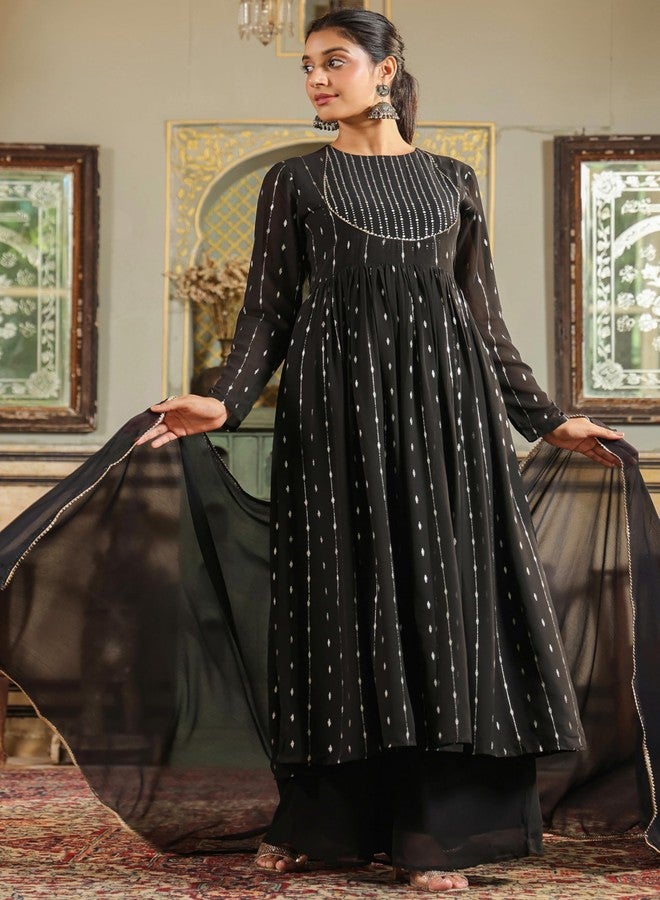 Janasya Women's Black Georgette Foil Printed Anarkali Kurta Set (JAB24ST00556-L) - Image 3