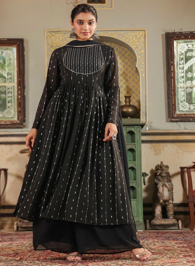 Janasya Women's Black Georgette Foil Printed Anarkali Kurta Set (JAB24ST00556-L) - Image 4