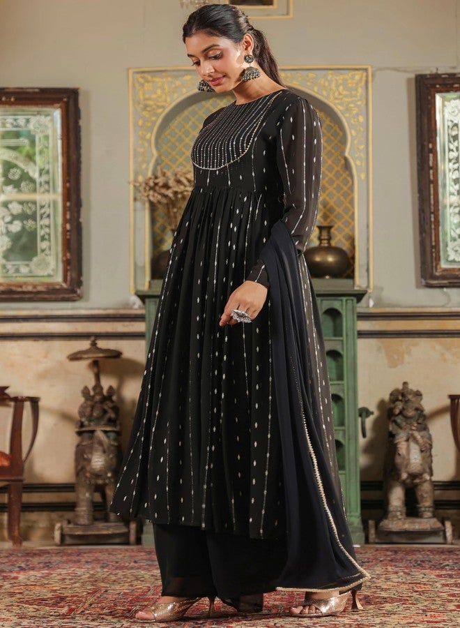 Janasya Women's Black Georgette Foil Printed Anarkali Kurta Set (JAB24ST00556-L) - Image 5