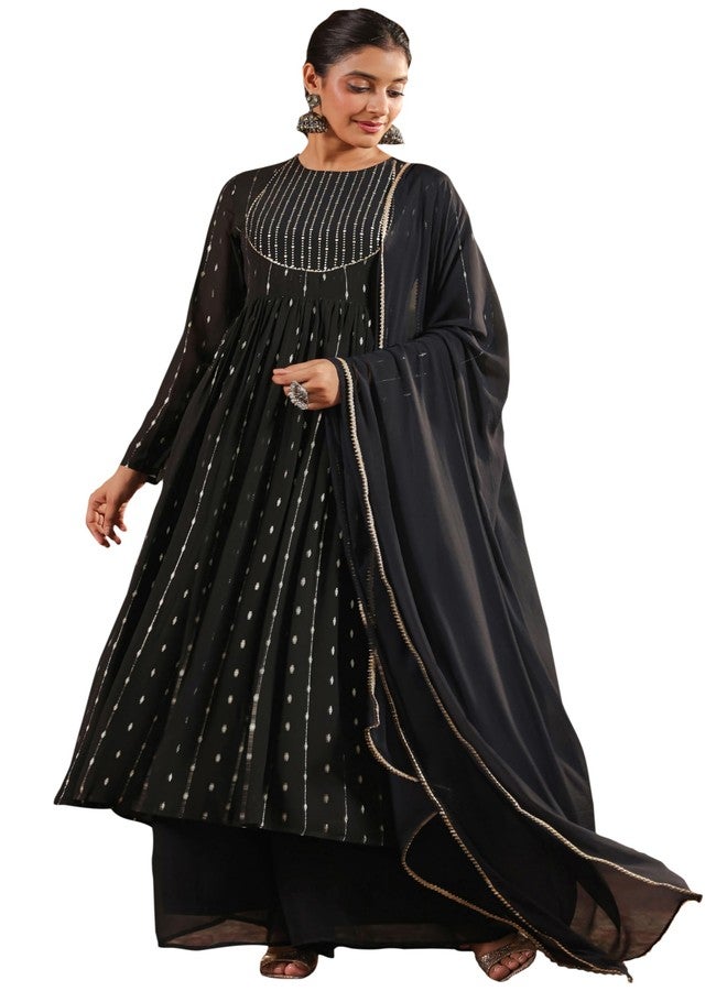 Janasya Women's Black Georgette Foil Printed Anarkali Kurta Set (JAB24ST00556-L) - Image 1