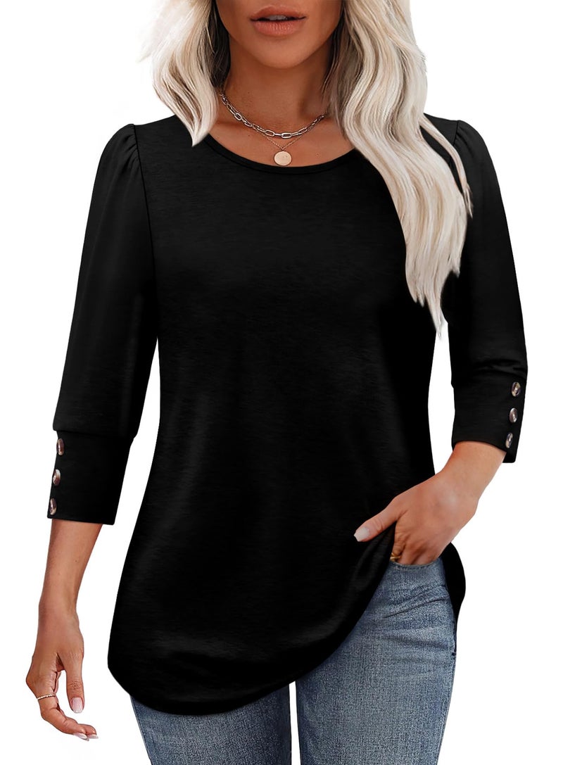 OFEEFAN Blouses for Women Dressy Casual Women's Clothing Plus Size Spring Tops Trendy 3/4 Sleeve with Buttons Cute Plain Summer Outfits 2026 Black XL - Image 2