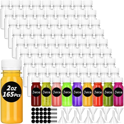 UZLU 165 Pcs 2 oz Small Plastic Juice Bottles with White Caps Mini Clear Ginger Shot Containers with Tamper Proof Lids Reusable Travel Bottles with Funnels Labels for Juice Milk Water Other Beverages - Image 1