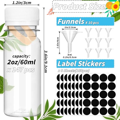 UZLU 165 Pcs 2 oz Small Plastic Juice Bottles with White Caps Mini Clear Ginger Shot Containers with Tamper Proof Lids Reusable Travel Bottles with Funnels Labels for Juice Milk Water Other Beverages - Image 2