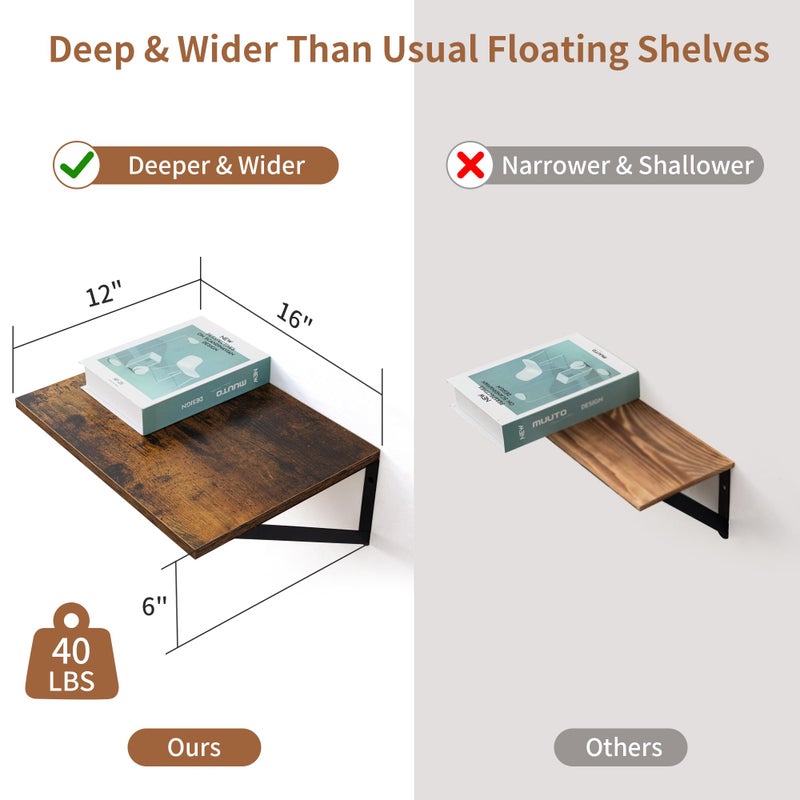 Axeman Deep Floating Shelves for Wall, 16W x 12D Rustic Wood Wall Shelves Set of 2, 12 Inch Deep Large Floating Shelves for Decor & Storage, Hanging Shelves for Farmhouse Kitchen Bathroom Bedroom - Image 4