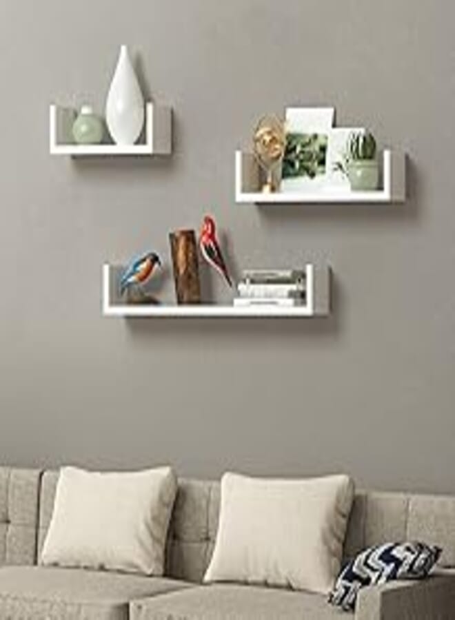 Home Decor Wooden Wall Hanging Shelves Wall Mount Shelves Kitchen Living Room Bathroom Bedroom Easy Installation Home Decor Products (White, Letter U 3pcs) 
