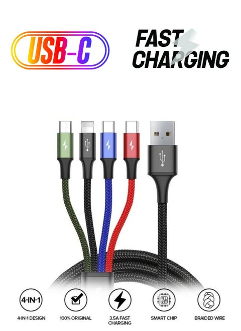4-in-1 Nylon Braided Multi Fast Charging Cord Multiple Charger Cable Dual Type-C, Lightning, Micro USB For iPhones, Tablets, Samsung Galaxy, PS And More Multicolour (2-Type-C Series) Multicolour