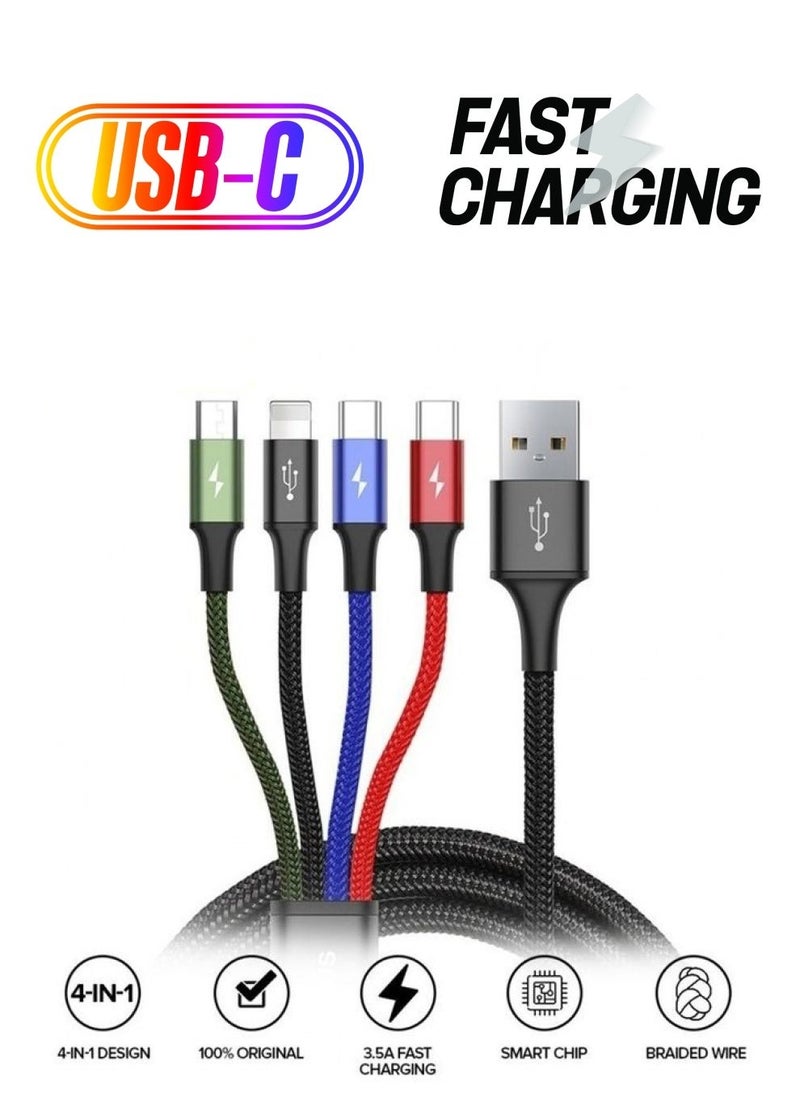Generic - 4-in-1 Nylon Braided Multi Fast Charging Cord Multiple Charger Cable Dual Type-C, Lightning, Micro USB For iPhones, Tablets, Samsung Galaxy, PS And More Multicolour (2-Type-C Series) Multicolour - Image 1