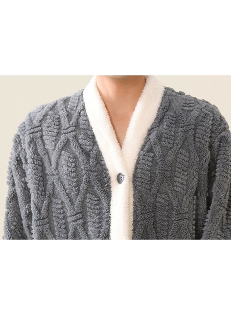 إسكدنيا جنس واحد الشتاء طويل سميكة زر فستان ليلي جاكارد مخملية رداء حمام بيجاما رمادي - Image 4